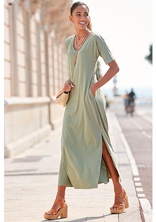 Short Sleeve V-Neck Maxi Dress product image (F02037.JD.1)