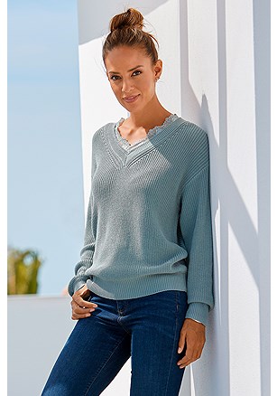 Lace V-Neck Sweater product image (F03027-MTGY_1)