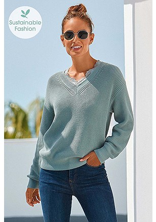 Lace V-Neck Sweater product image (F03027.MTGY_1)