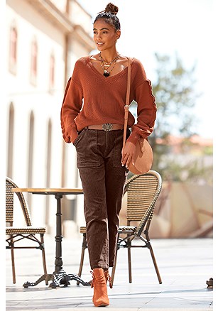 Corduroy Pants, Ruffle Sleeve Sweater product image (F03029-RT_1.F09018CH_1)