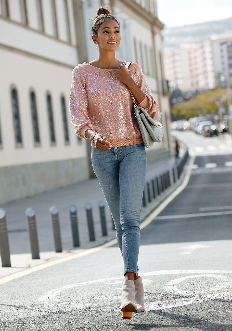 Lascana Sequin Off Shoulder Sweater, Pink, XL