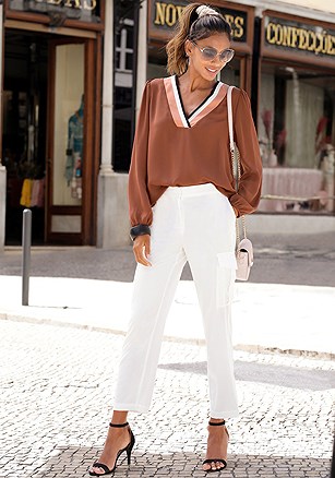Structured Cargo Pants, Contrast V-Neck Blouse product image (F04015.BR.F09010.WH_I)