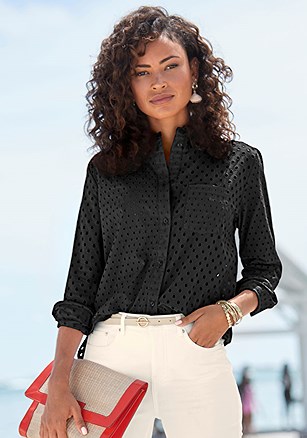 Eyelet Button Down Blouse product image (F04046.BK.1)