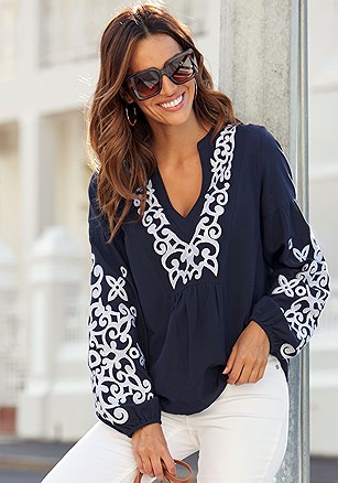 Embroidered Long Sleeve Blouse product image (F04047.NVWH.1)
