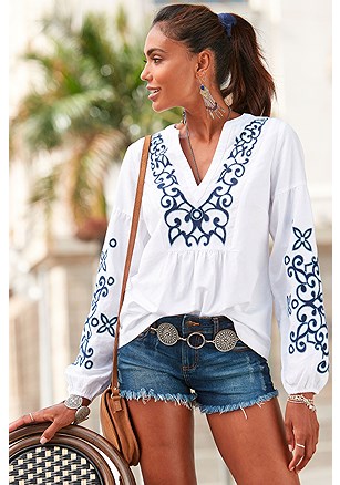 Embroidered Long Sleeve Blouse product image (F04047BLWH)