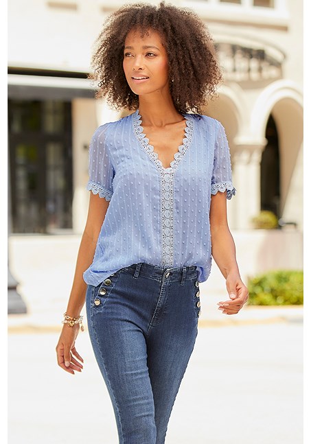 Light Blue Crochet Trim V-Neck Blouse F04078 | LASCANA