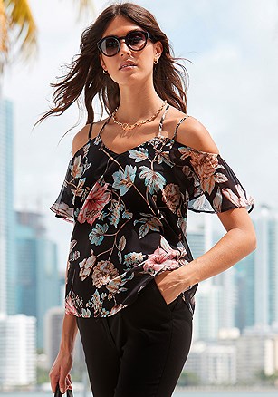 Strappy Cold Shoulder Blouse product image (F04081.BKFL.1.P707)