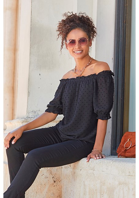 Lascana Ruffle Top Black Ruffled Off Shoulder Blouse F04091 | LASCANA