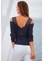 Dark Blue Lace Trim Cold Shoulder Sweater F05086 - alt image - 2