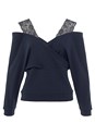 Dark Blue Lace Trim Cold Shoulder Sweater F05086 - alt image - 3