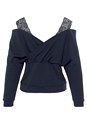 Dark Blue Lace Trim Cold Shoulder Sweater F05086 - alt image - 4