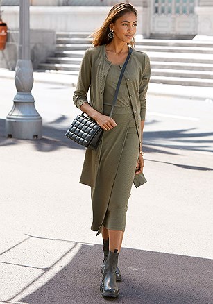 Ribbed Button Down Sweater, Square Neck Ribbed Tank, Ribbed Knit Wrap Midi Skirt