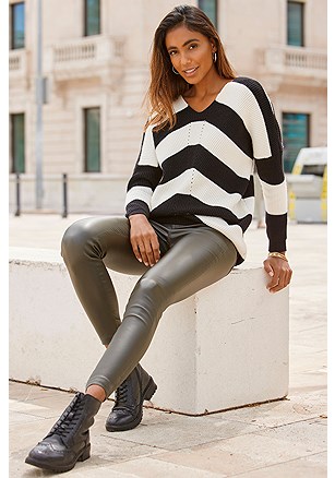 V-Neck Striped Sweater product image (F09007-KH.F03012BKCR)