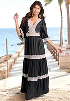 Black Multi Crochet Lace Trim Maxi Dress Vvz2290