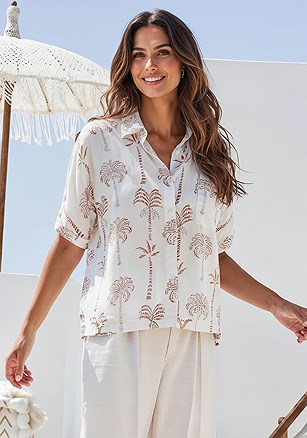 Palm Print Button Down Blouse product image (W10012.TAWH.2)