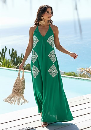 Halter Neck Embroidered Maxi Dress product image (W10013.GR.1)