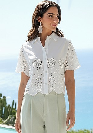Palm Eyelet Short Sleeve Blouse product image (W10020.WH.1)