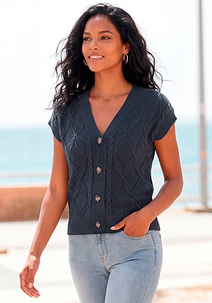 Button Detail V-Neck Sweater product image (W10032.NV.1.B)