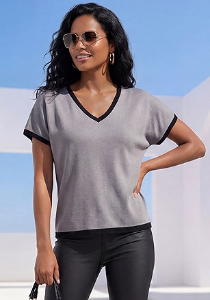 Fine Gauge Knit Sweater product image (W10042.GYBK.1)