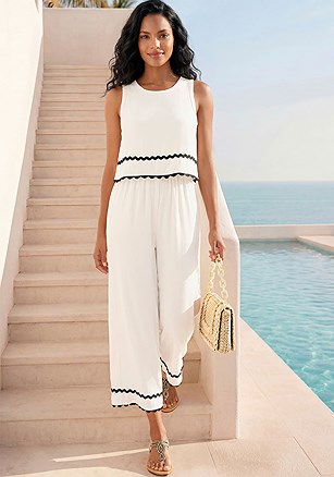 Contrast Trim Cropped Jumpsuit product image (W10129.WHBK.1)