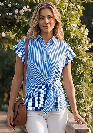 Striped Tie Detail Blouse product image (W10133.BLWH.1)