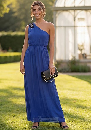 Embellished One Shoulder Maxi Dress product image (W10170.BL.1)