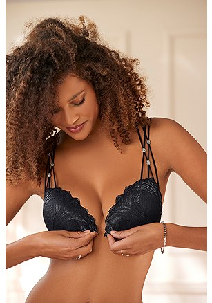 Strappy Push Up Bra, Sheer Lace Thong product image (X01117BK_3)
