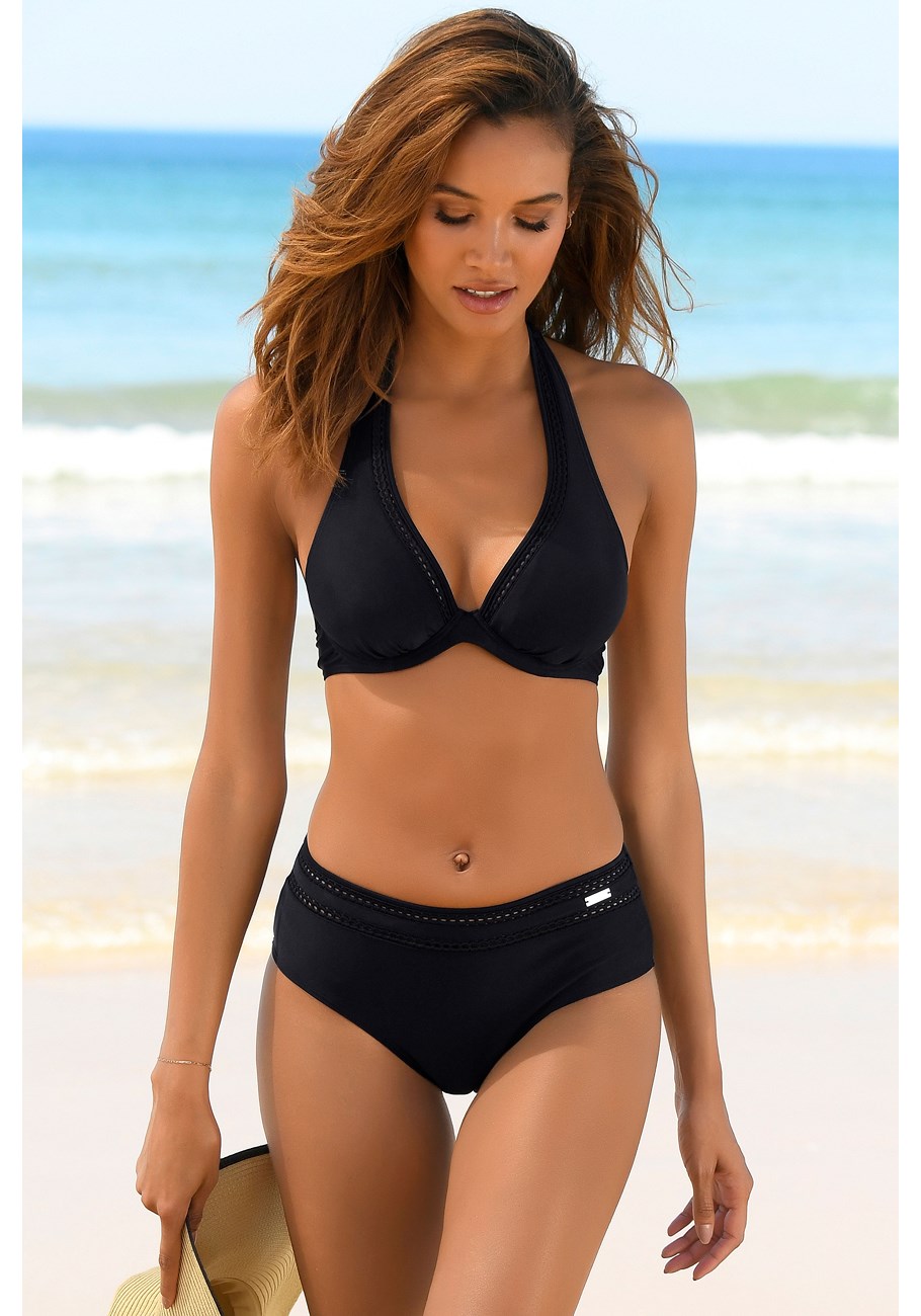 Black Lace Trim Triangle Bikini Top | LASCANA X16199