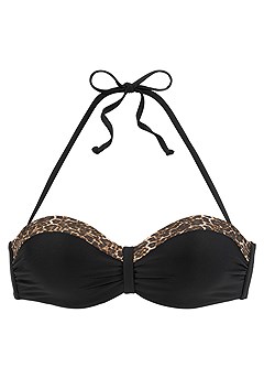 Leopard Trim Bandeau Bikini Top, Leopard Trim Mid Rise Bikini Bottom product image (X22161LEBK_2)