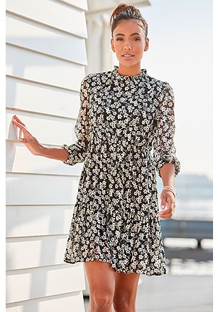 Long Sleeve Floral Pattern Dress product image (X29614.BKWH.1.BC)