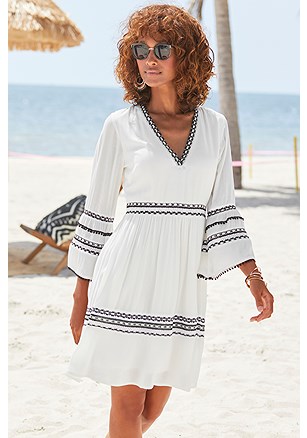 Embroidered Trim V-Neck Dress product image (X29726.BKWH.1)