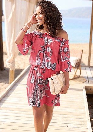 Off Shoulder Paisley Dress product image (X29823.APWH.1)