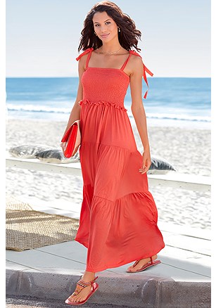 Smocked Tiered Maxi Dress product image (X30140.RD.1.MD)
