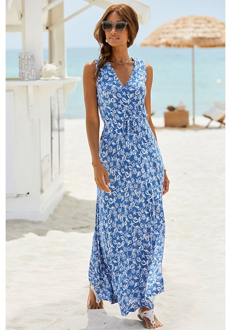 Blue-Printed Sleeveless V-Neck Maxi Dress X30171 | LASCANA