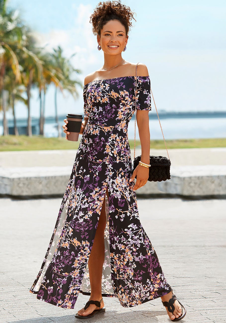 Black Multi Floral Off Shoulder Maxi Dress X30183 | LASCANA | Strandkleider