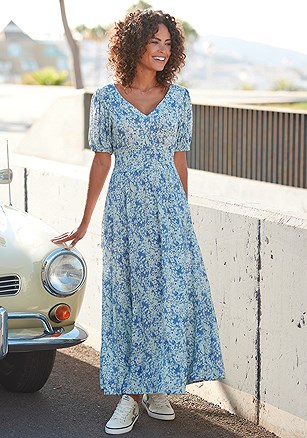 Floral Puff Sleeve Maxi Dress product image (X30191.NVPR.1.G1031)