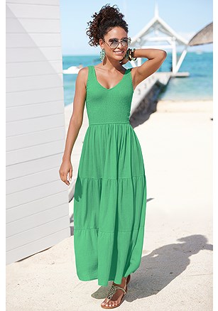 Smocked V-Neck Maxi Dress product image (X30232.GR.1)