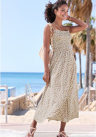 Smocked Dot Print Dress product image (X30342.IVTP.1)