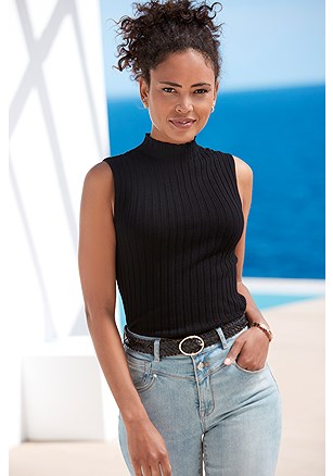 Ribbed Mock Neck Top product image (X33390.BK.1)