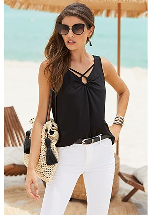 Crossover Keyhole Neckline Top product image (X33415.BK.1)