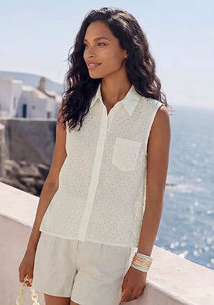 Sleeveless Button Down Eyelet Blouse product image (X341028.WH.1)