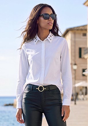 Grommet Collar Button Down Blouse product image (X341032.WH.1)