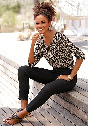Leopard Zip Detail Top, Skinny Leg Cropped Pants product image (X34166-LE-04)