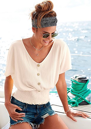 V-Neck Smocked Top product image (X34557.CR.1.P710)