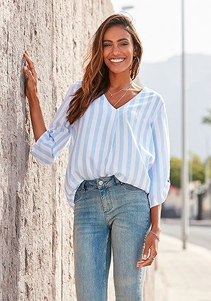 Striped Tab Sleeve Blouse product image (X34574.BLWH.1.1)