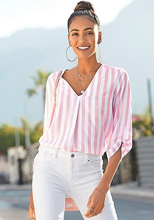 Striped Tab Sleeve Blouse product image (X34574.WHRS.1.1)