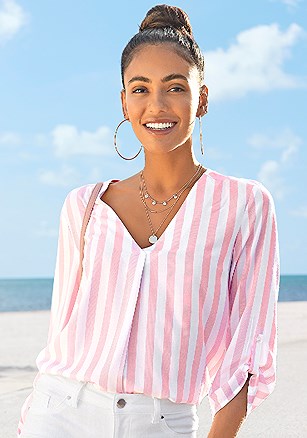 Striped Tab Sleeve Blouse product image (X34574.WHRS.1.A26)
