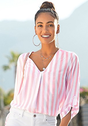 Striped Tab Sleeve Blouse product image (X34574.WHRS.2)