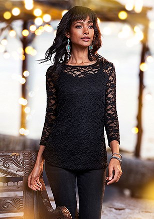 Lace 3/4 Sleeve Top product image (X34629BK_1)