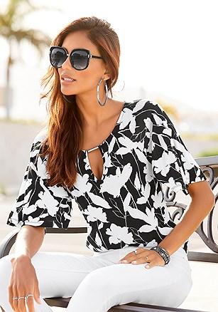 Printed Keyhole Neckline Top product image (X34632BKWH_1)